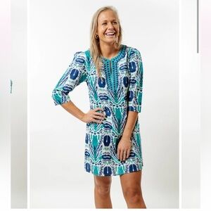 Liza Byrd THE MERRILL IKAT EMBROIDERED TRIM TUNIC DRESS IN BLUE AND GREEN XXL